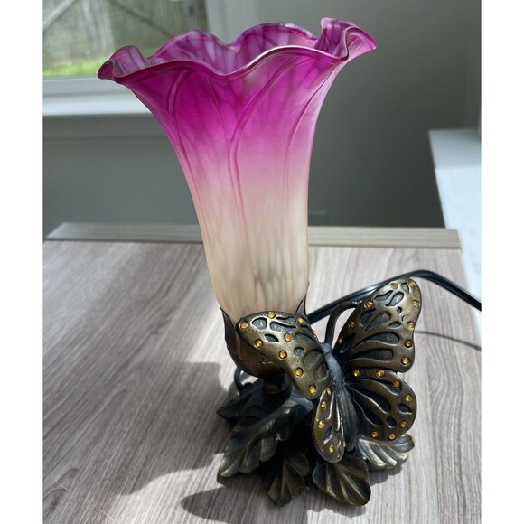 Jeweled Butterfly Sculptured Bronze Lamp Pink Orange Flower Whimsical